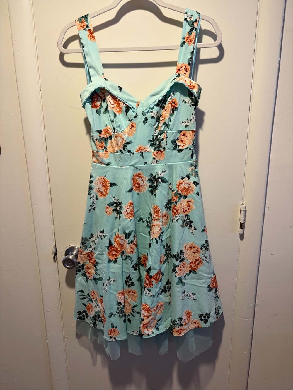 Hot topic Floral halter Sundress in Mint with Orange Roses